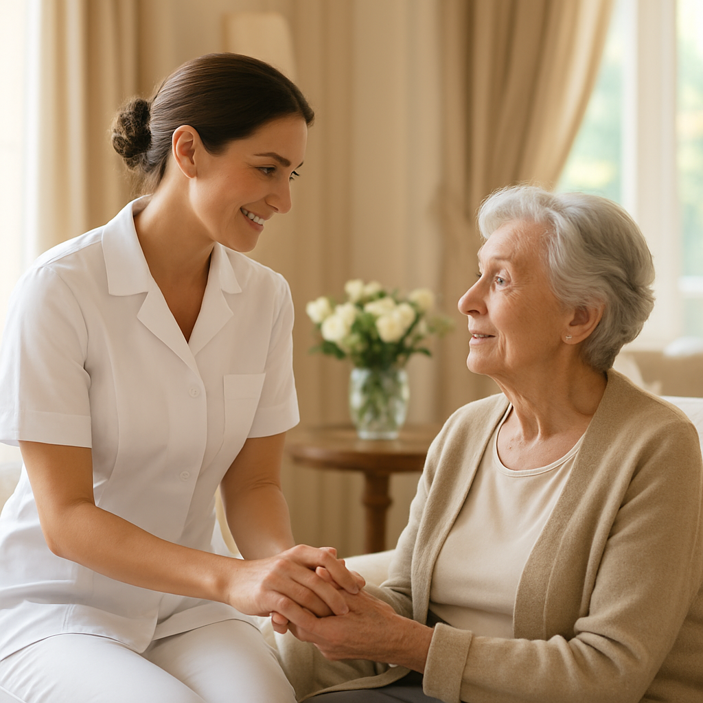 Compassionate Reena's Home Care professional with a client