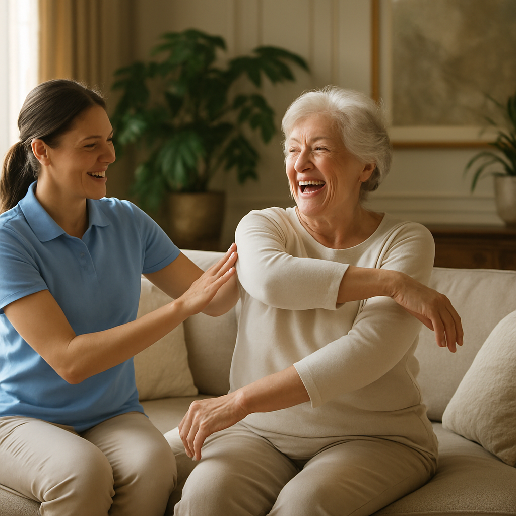 Senior woman doing light exercises with a Reena's Home Care therapist, illustrating quality of life